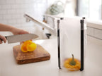 YAMAZAKI製タワーポリ袋エコホルダー。スチール本体とシリコンキャップを備え、キッチンでプラスチック袋を整理する収納器具