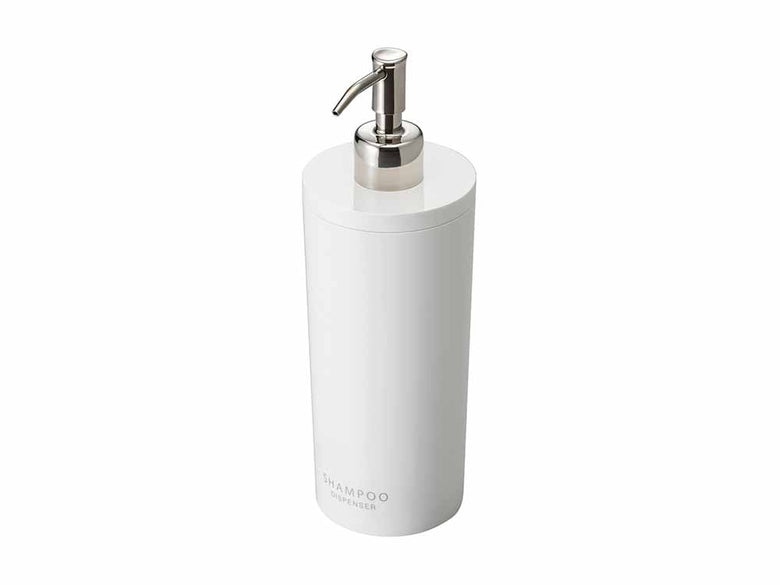 YAMAZAKI/tosca製ツーウェイディスペンサー ラウンド。銀色のステンレスポンプとABS樹脂製500mlボトルを備えたデザイン性の高い石鹸ディスペンサー。