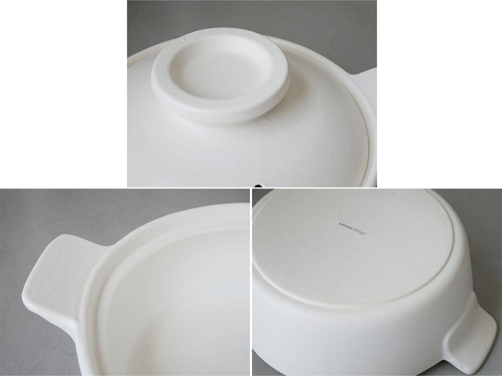 サラサデザインの耐熱陶器製マルチ土鍋セット。土鍋、蓋、とんすい、陶器製ツールスタンドが並んでいる