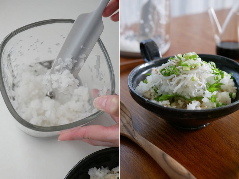 白ご飯が入ったボウルと調理器具が並ぶキッチンテーブルの様子
