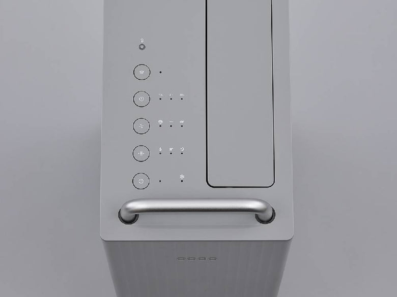 cado除湿機 ROOT 7200 クールグレー。銀色の家庭用電子家電で、前面に操作パネルとスピーカーが搭載されています。