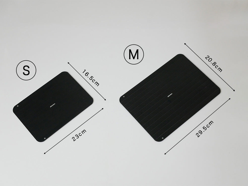 シービージャパン製のシルバー色アルミニウム解凍プレート。SサイズとMサイズの両方が並べられている写真
