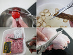 ステンレス製のムテキバサミと新鮮な牛肉がカッティングボード上に配置された調理シーン